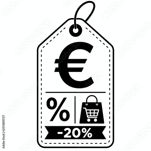 A black and white graphic tag with a euro symbol and a shopping bag icon, indicating a 20% discount
