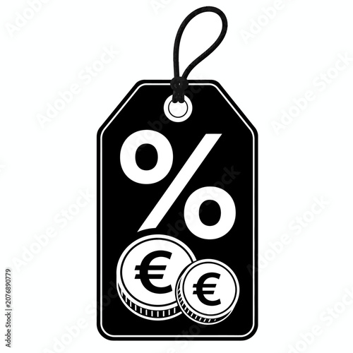 A black price tag with a white percentage symbol and two euro coins. This image represents a discount or sale