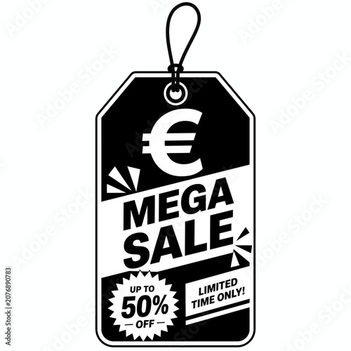 Black and white mega sale tag with euro symbol, up to 50% off, and limited time only text. It has a hanging string and is designed to attract customers during a sale event