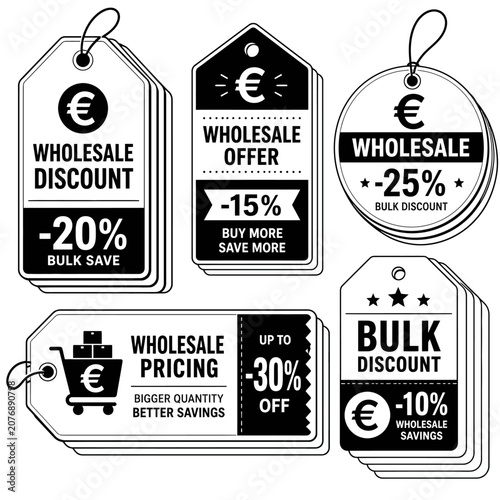 A collection of price tags and sale tags indicating wholesale discounts and offers