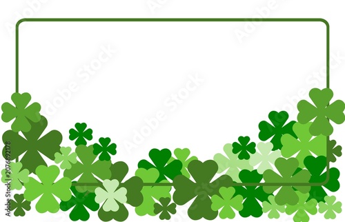 Green shamrock clover border frame illustration with copy space, Saint Patrick's Day festive decoration on white background.