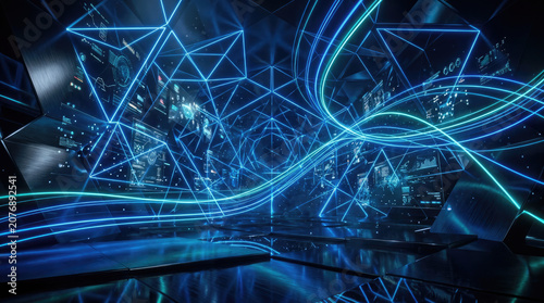 Abstract blue digital space with neon light streaks and glowing geometric mesh grid patterns representing advanced connectivity for modern technology designs