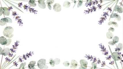 Lavender and eucalyptus watercolor frame on white background.