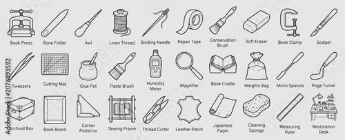 Rare Book Restoration Tools Hand-Drawn Monoline Icon Set. Including Book Press, Bone Folder, Awl, Linen Thread, Binding Needle, Repair Tape, Conservation Brush, Soft Eraser, Book Clamp, Scalpel, etc.