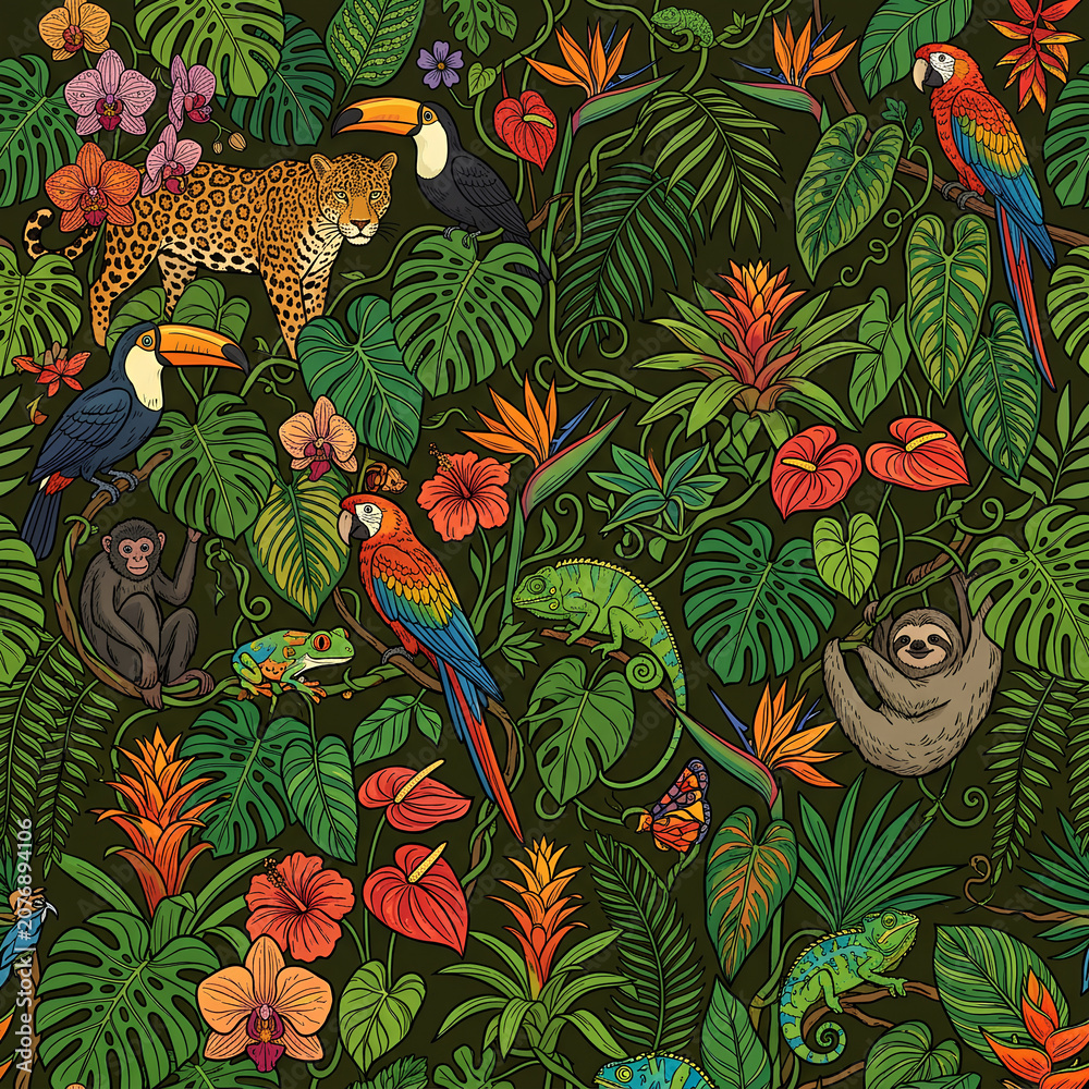 Fototapeta premium Dense Tropical Jungle Scene Teeming with Jungle Animals.