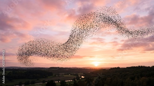 Large flock of black birds flying across a vibrant sunset sky
