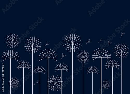 Dandelion seed heads silhouette illustration on dark navy blue background, minimal line art vector style.