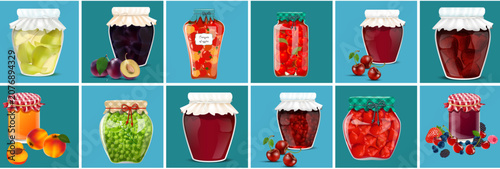Fotografía A vibrant collection of various homemade fruit jams, preserves, and pickled vegetables in glass jars, showcasing a colorful array of delicious canned goods
