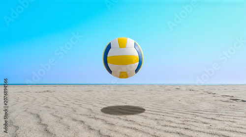 Floating volleyball on sandy beach with clear blue sky sports recreation concept