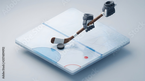 Robot hockey player on ice rink with puck and stick