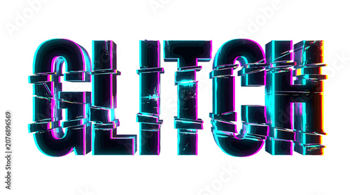 Glitch Effect Text: Bold, 3D text spelling out GLITCH in a distorted, retro digital glitch effect, featuring vibrant cyan and magenta hues.
