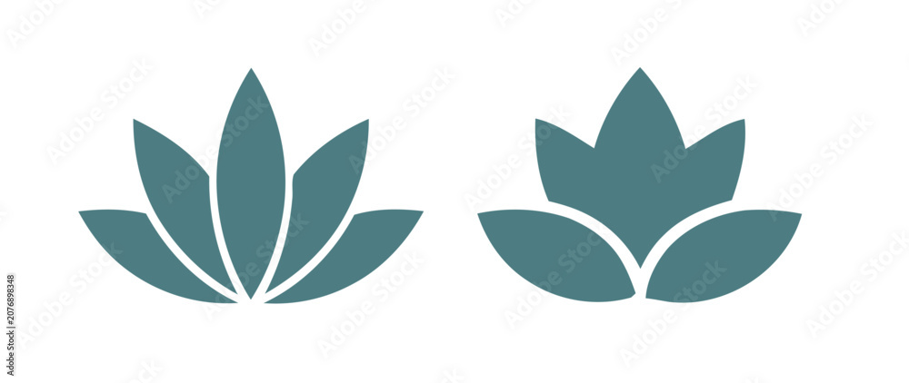 Fototapeta premium Two stylized teal lotus flowers, symbolizing tranquility and spiritual growth, presented on a clean white background for a serene and elegant aesthetic