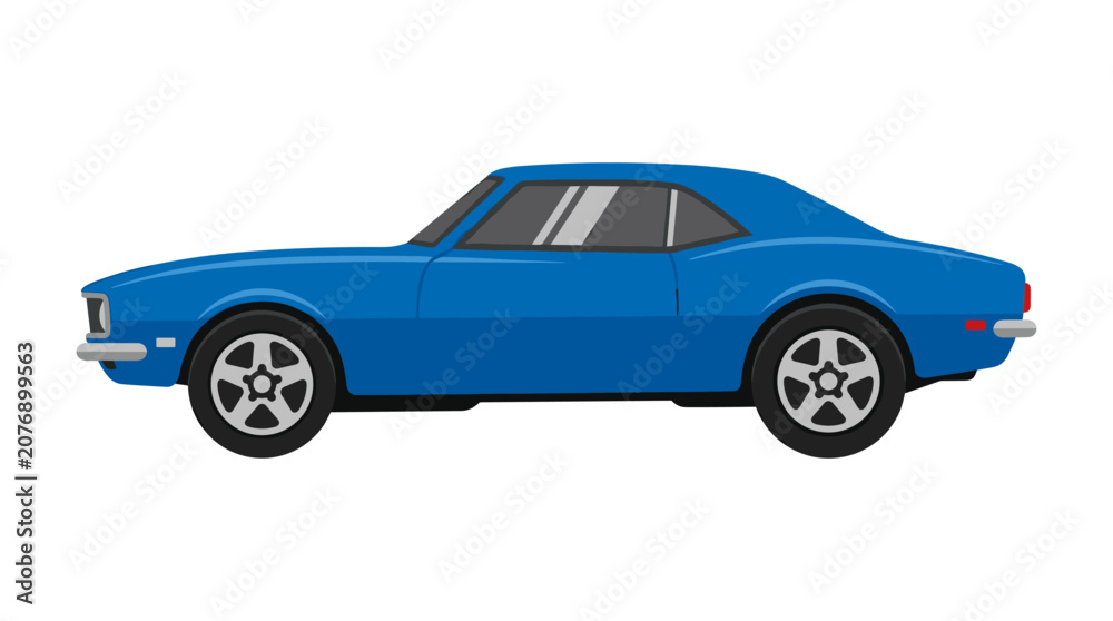 Naklejka premium Blue Classic Car Side View: A sleek blue vintage car, captured in a clean profile view, showcases the timeless design and iconic silhouette of an automotive classic.