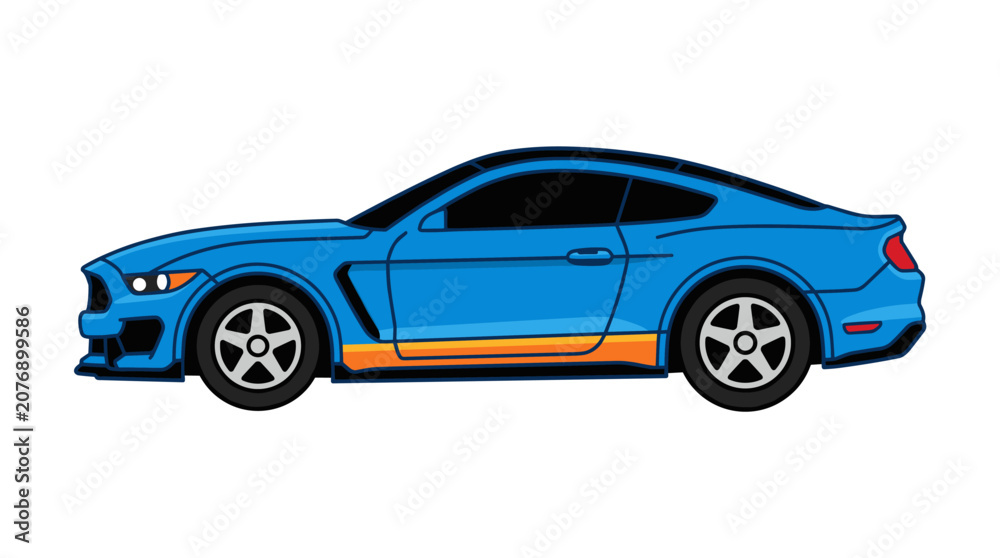Fototapeta premium Blue Sports Car Illustration: A sleek, modern blue sports car with orange accents is depicted in a side profile, showcasing its dynamic design and sporty features.