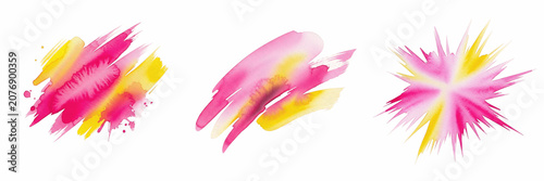 Set and Collection of vibrant watercolor brush strokes isolated on white transparent png background.