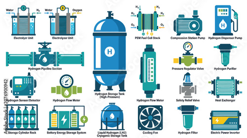 Hydrogen Energy Technology Equipment Flat Vector Icons Set