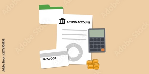 Savings documents, passbook, coin stacks, calculator and growth chart in organized financial workspace. First savings account concept scene. 