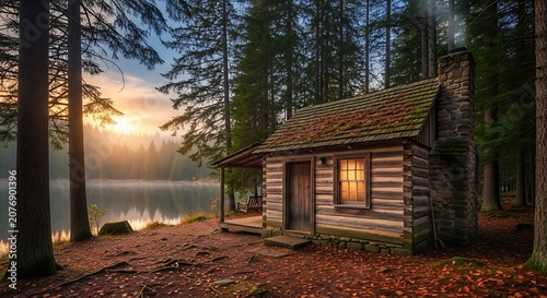 Golden hour lighting on rustic wooden cabin in forest.