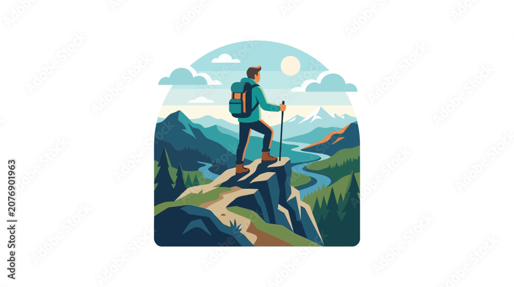 Fototapeta premium Backpacker Standing on Mountain Peak Overlooking Scenic Valley River Landscape