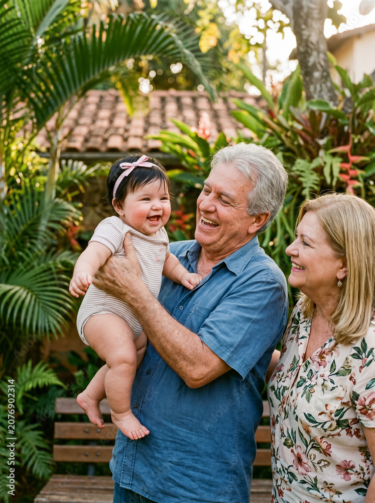 Fototapeta premium Grandparents holding smiling baby outdoors