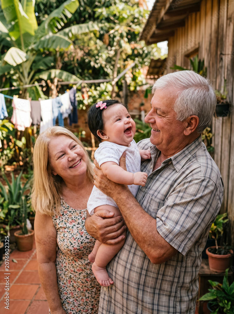 Fototapeta premium Grandparents holding laughing baby outdoors