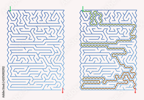 Maze design with solution path, blue lines on white background, abstract concept 