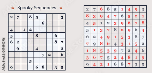 Sudoku puzzle with spooky sequences and completed grid solution