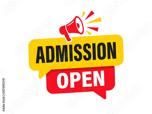 Admission open label with megaphone icon isolated on white background