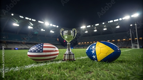 Football Trophy And Flags On A Grass Field In Stadium Lighting
