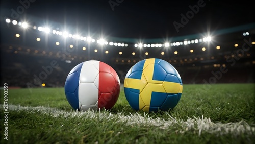 Football spheres with french and swedish flags on a stadium pitch