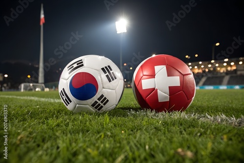 Soccer balls with national flags stadium grass and illuminated background
