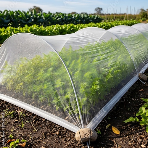 Greenhouse tunnel in rural agricultural field.