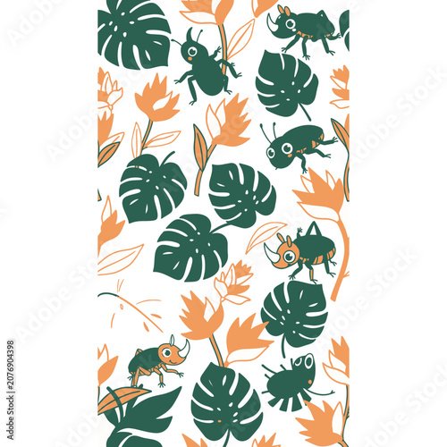 Tropical leaves and beetles seamless pattern vector