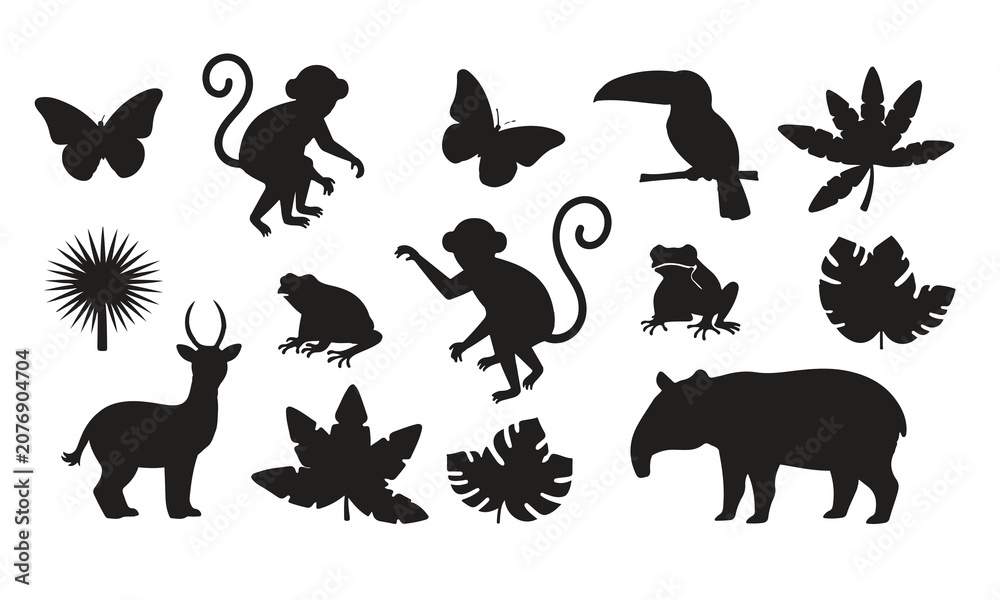 Fototapeta premium Collection of jungle animals and plants silhouettes