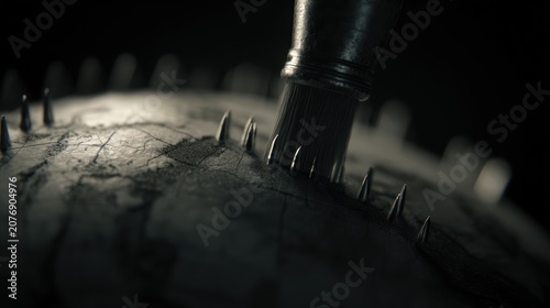 Close up of a machine working on a textured surface in a dark environment