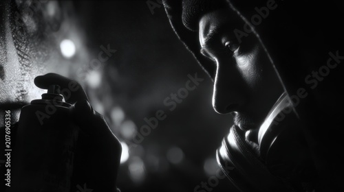 Silhouette of person spraying aerosol can in dark environment