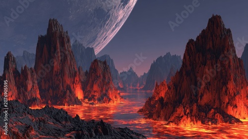 Craggy volcanic landscape of an alien exoplanet with flowing lava river under a giant moon