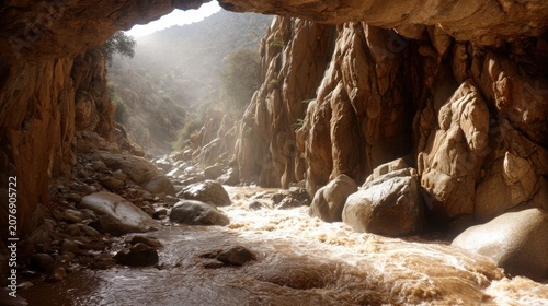 Temporary Raging Torrent of Water Flowing Through a Rocky Canyon During a Flash Flood