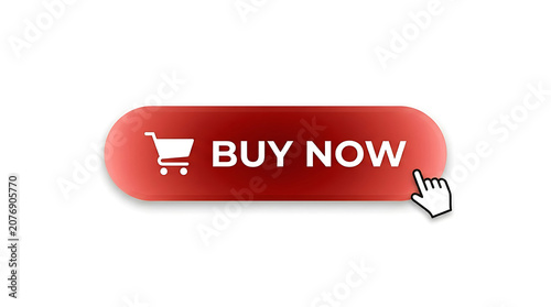 Red buy now button with shopping cart icon and mouse cursor clicking