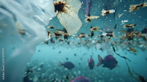 Marine fish swimming through plastic waste and debris in polluted ocean water. 4k Footage Video