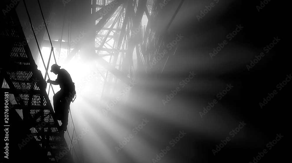 Fototapeta premium Worker climbing industrial structure with bright light rays shining through metal framework creating dramatic silhouette and intense atmosphere