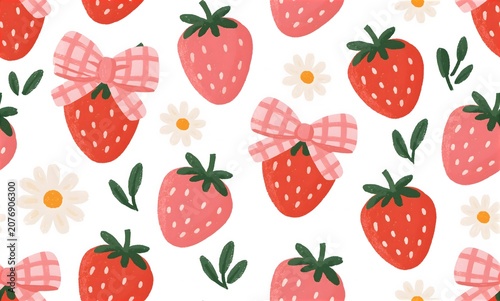Seamless surface pattern of cute cartoon strawberries, pink gingham bows, white daisies, scattered evenly across a clean white background, playful children's illustration