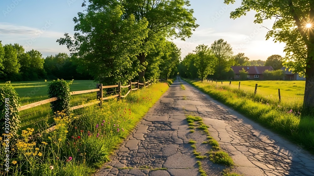 Fototapeta premium Rural farmland dirt road lined with crops.