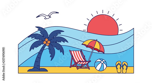 Tropical Beach Scene with Palm Tree, Deck Chair, Umbrella, and Sun