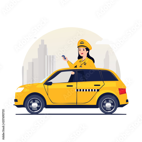 Yellow taxi with driver in city illustration