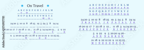 Text illustration of an encoded travel quote on a decorative background
