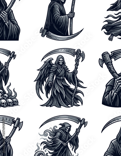 Obraz na plátně grim reaper illustrations in various poses with scythe and fire 202606282