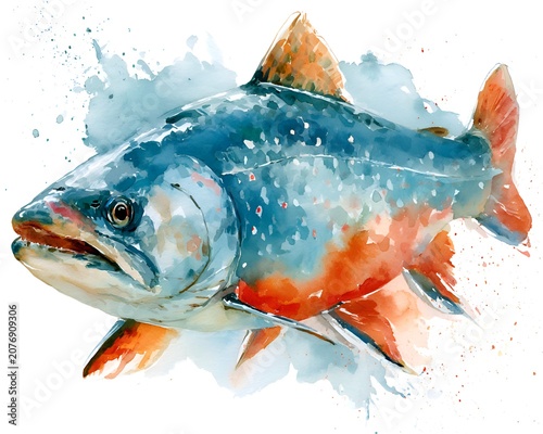 Vibrant watercolor painting of a colorful fish with blue and orange hues, rendered with expressive brushstrokes and splatters