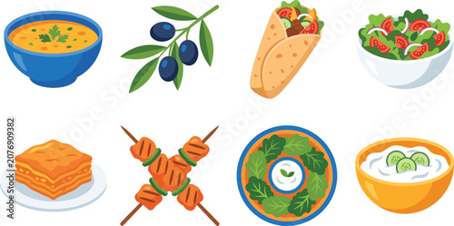 Bild auf Leinwand Mediterranean food collection featuring soup, olives, wrap, salad, lasagna, gril