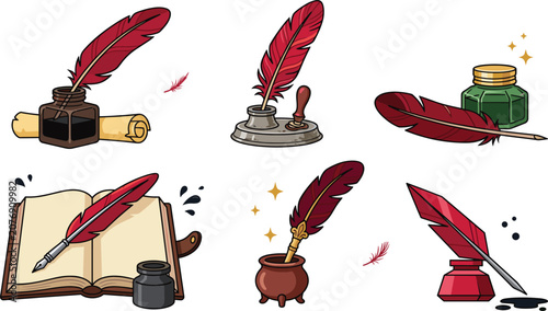 Obraz na plátně Vintage feather quill and ink collection featuring calligraphy writing tools ant